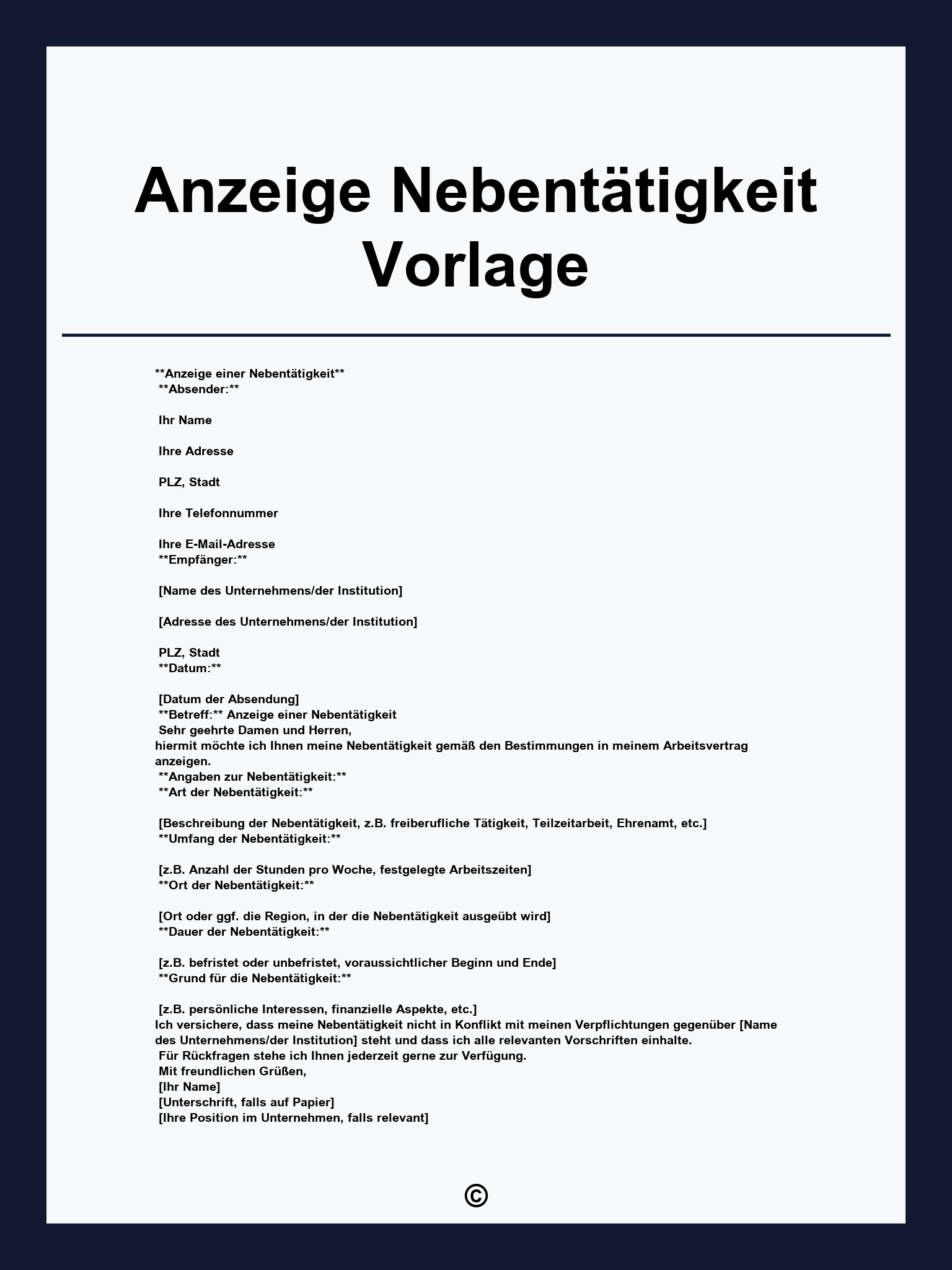 Anzeige Nebentätigkeit Vorlage