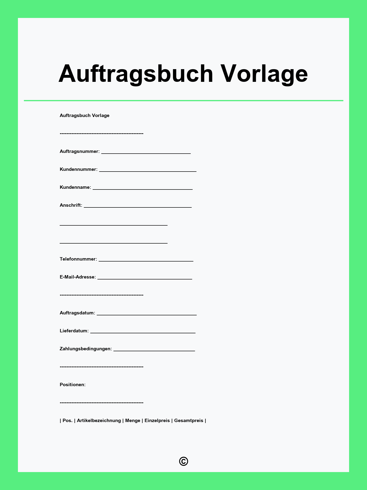 Auftragsbuch Vorlage