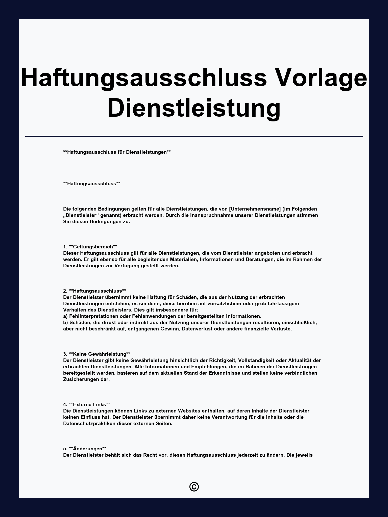Haftungsausschluss Vorlage Dienstleistung