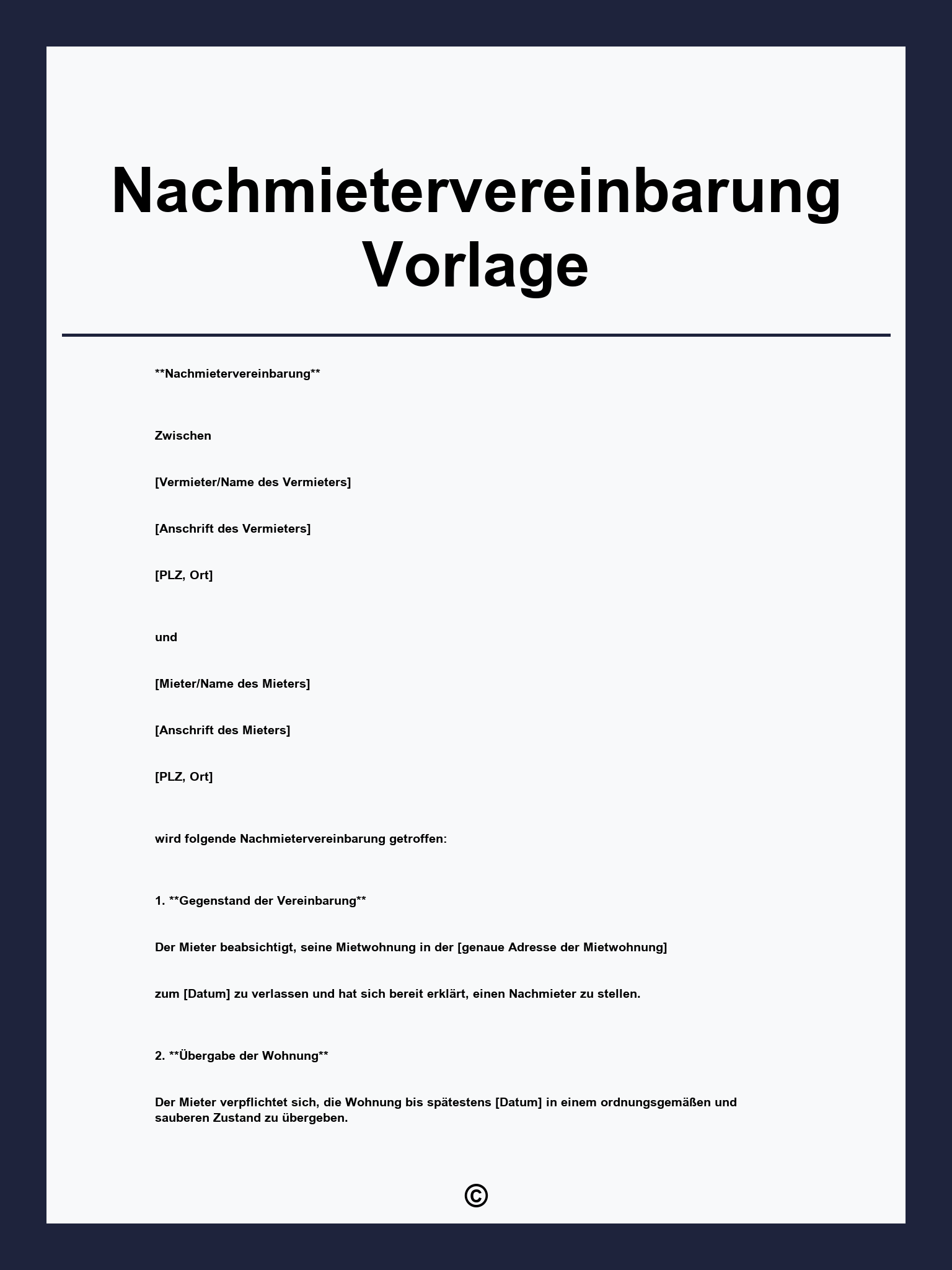 Nachmietervereinbarung Vorlage