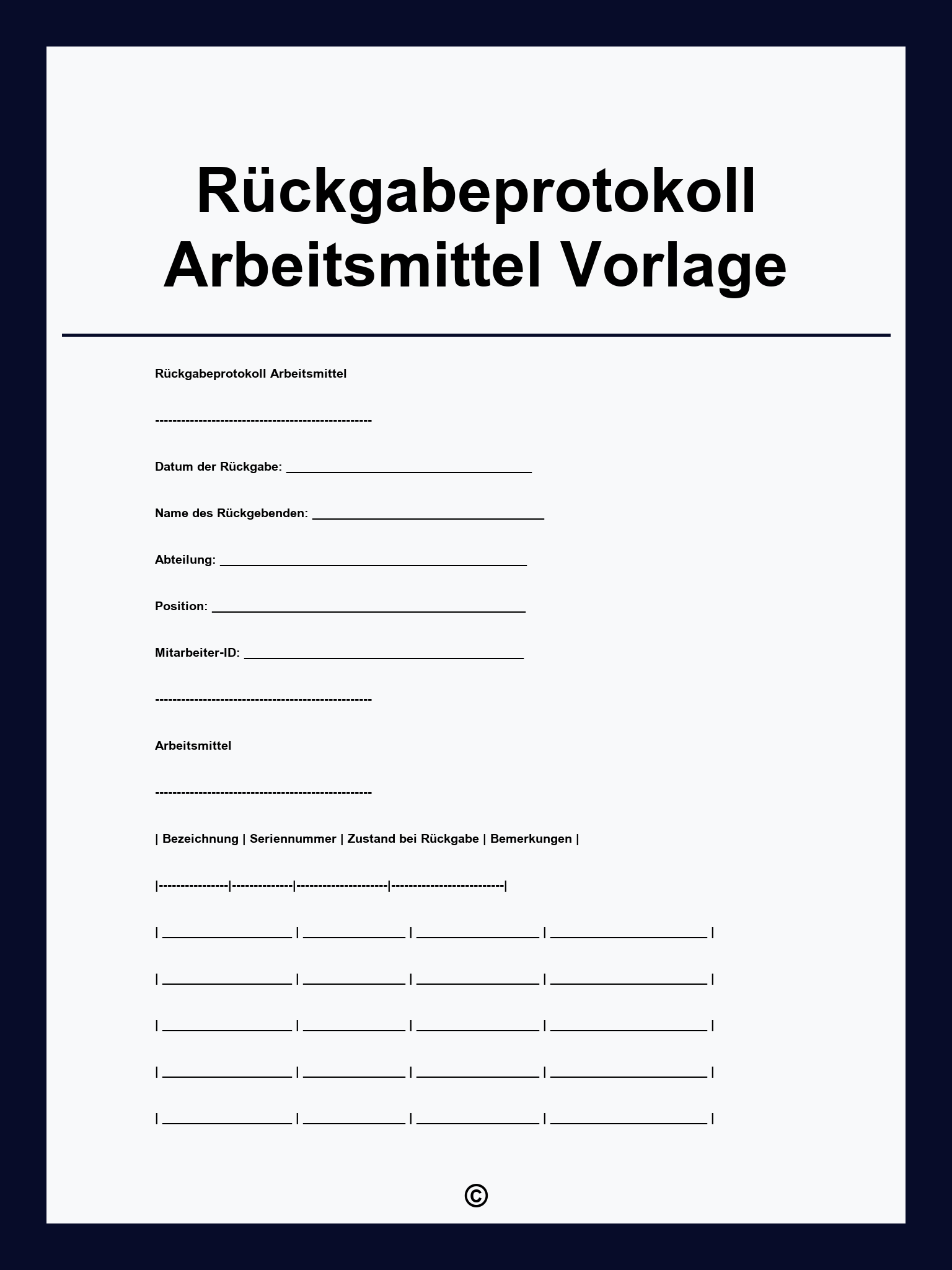 Rückgabeprotokoll Arbeitsmittel Vorlage